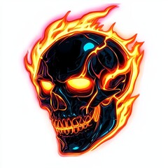 Flaming skull graphic, dark, fiery, glowing eyes, intense, hot, black, design element.