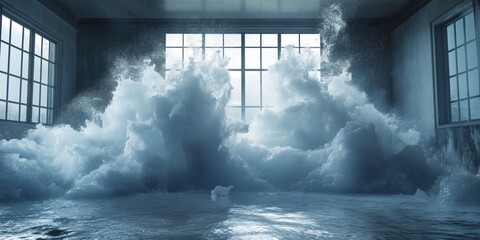 Water damage repair process showing flooding in a residential room with windows