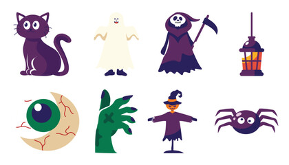 Spooky Halloween Icon Set: Cute Cat, Ghost, Grim Reaper, Lantern, Eye, Hand, Scarecrow, Spider Illustrations