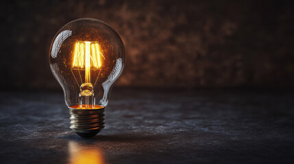 A glowing light bulb stands on a dark, textured surface casting a warm, ambient glow, symbolizing innovation and creativity in a minimalist setting.