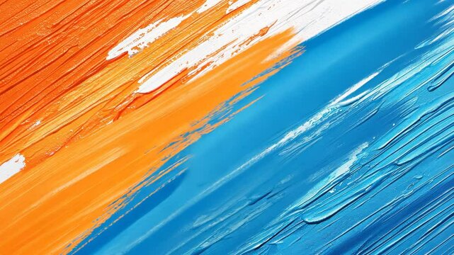 Abstract art with vibrant colors of orange, white, and blue paint strokes on canvas background