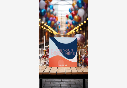 Carnival Billboard Mockup: Enchanting Table Setting with Christmas Decor, Wine Glasses, and Candlelit Ambiance   