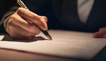 Close-up of Business Person Writing on Paper in Low Light Setting