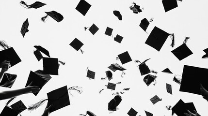 Many graduation caps tossed in the air, celebrating academic achievement.