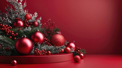 Red Christmas ornaments and branches on a red platform against a red background.