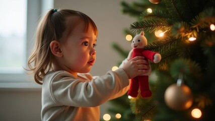 Child hanging a toy on a Christmas tree close-up