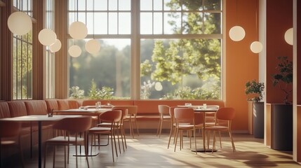 Fototapeta premium A bright, modern caf? interior with wooden furniture and large windows overlooking greenery.