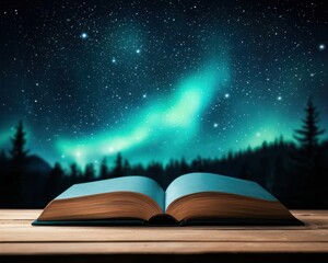 Open Book with Night Sky and Northern Lights Over Forest Landscape