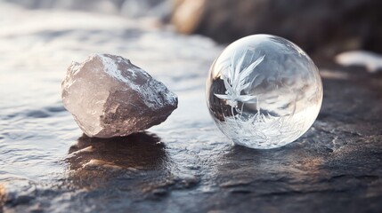 A round piece of ice and a glass orb with frozen patterns inside sit on a grey rock.