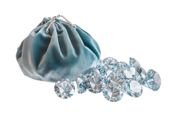 Velvet bag and diamonds isolated on transparent background. Generative AI