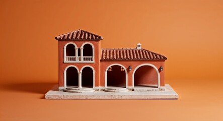 A Mediterraneanstyle villa figurine with archways and terracotta tiles on a plain sunset orange background
