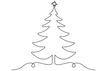 One line continuous drawing of a Christmas tree with star on top and Isolated on white background