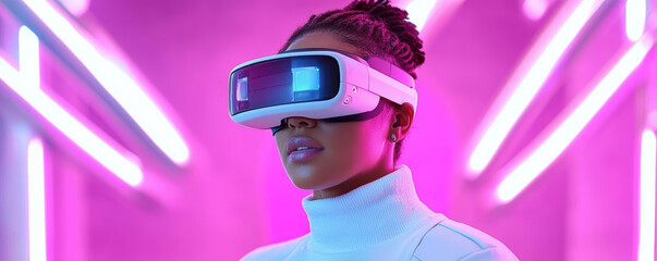 Woman immersed in virtual reality with futuristic lights.