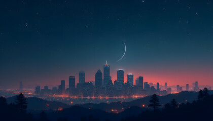 Skyline Silhouette with Faint Glows Under a Starry Sky
