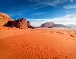 Naklejka premium Wadi Rum's iconic orange-red sand desert with rocky formations and towering mountains beneath a vibrant blue sky, showcasing the stunning desert landscape