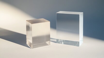 Two glass blocks, one clear and one frosted, on a white surface.