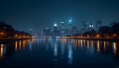 Obraz premium Darkened Cityscape with Illuminated Stars Reflecting on a River