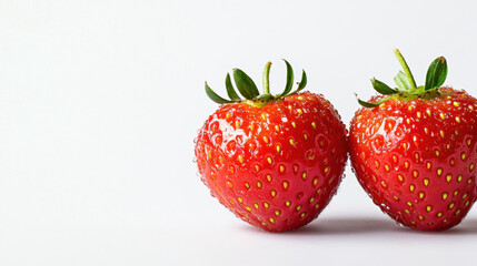 Two vibrant red strawberries with green leaves on a plain white background, showcasing fresh, ripe, and juicy textures.