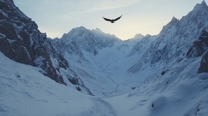 A serene winter landscape with snow-covered mountains and a bird soaring above.