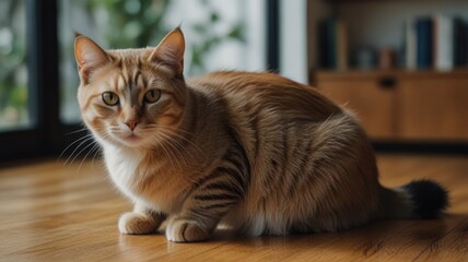 Orange tabby cat sitting on hardwood floor.