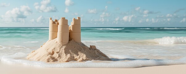 A beautiful sandcastle on a serene beach by the ocean waves.