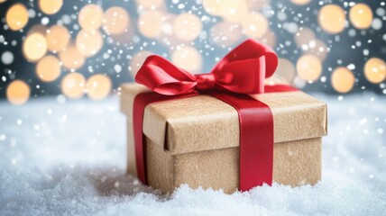 A Gift Box with a Red Bow in the Snow with a Blurred Background of Lights