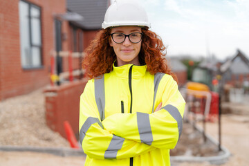 Brightly dressed cheerful female builder poses confidently at a building site on a partly cloudy day