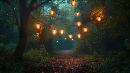 Forest Trail with Festive Lanterns and Enchanting Misty Distance  

