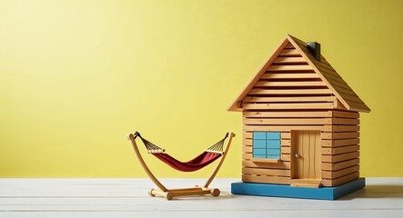 A simple beach house house figurine with wooden slats and a hammock on a plain sunny yellow background