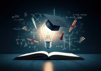 Education learning and Idea knowledge concepts innovative technology . Graduation cap with a lightbulb on the book and icon learning in the classroom