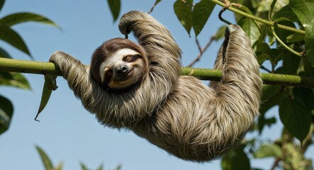 A sleepy sloth hanging upsidedown on a vine with a relaxed expression