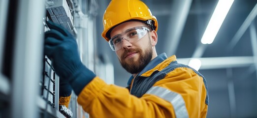 battery replacement power concept. Engineer testing and replacing backup batteries in a telecommunications tower power system
