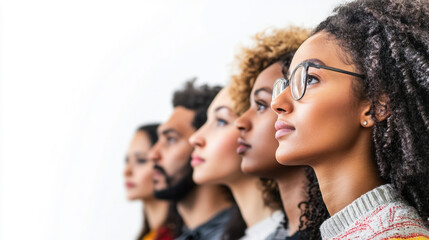 Diverse group of people standing side by side, gazing forward with determination, set against a bright, airy background.