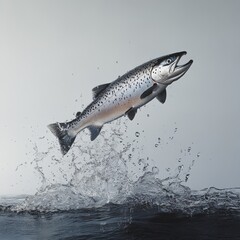 Obraz premium Salmon Leaping from Water Against Gray Background