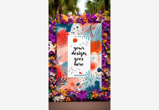 Carnival Billboard Mockup: Vibrant Floral Frame with White Card & Tropical Palm Tree Background
