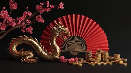 Chinese New Year celebration features a golden dragon with red fan and coins symbolizing prosperity and fortune