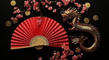 Vibrant Chinese New Year design with dragon, fan, and cherry blossoms for festive celebration