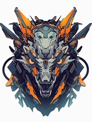 Futuristic wolf mecha head, digital art illustration.