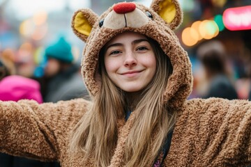 Young caucasian female in bear costume smiling at festive outdoor event