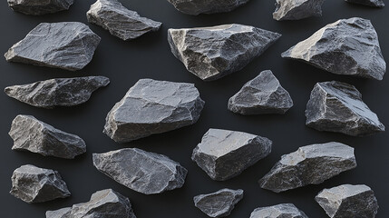 Collection of black stone and rock textures on white background for 3D rendering and design projects.