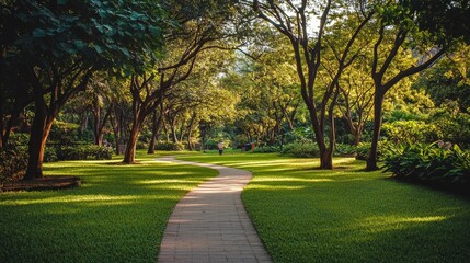 Fototapeta premium A serene pathway winding through a lush green park filled with trees and vibrant foliage.