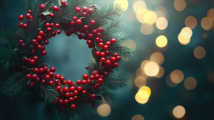 Christmas wreath made of fresh fir branches with clusters of red viburnum berries