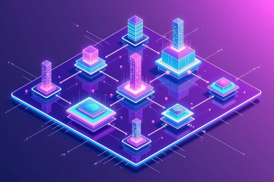 Futuristic neon circuit board with digital buildings and data nodes