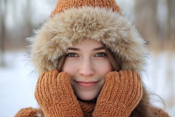 Young caucasian female in winter fur hat smiling outdoors