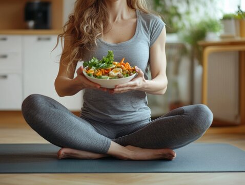 A woman practicing yoga sits in a cross-legged pose, holding a bowl with a veggie salad, emphasizing mindfulness and healthy eating while dressed in athletic wear. - Powered by Adobe