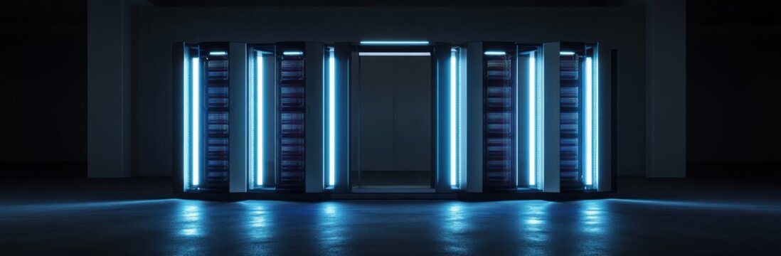 Futuristic server room with glowing blue lights.