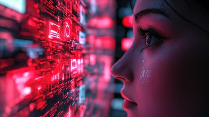 Female human interacting with advanced technology display.