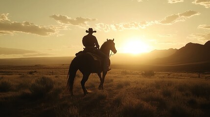 Fototapeta premium A silhouetted cowboy on horseback against a sunset in a vast landscape.