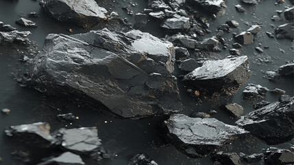 Fototapeta premium Collection of black stone and rock textures on white background for 3D rendering and design projects.