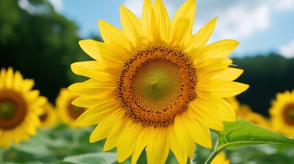 Fototapeta premium Close-Up of Vibrant Sunflowers Blooming Under Clear Blue Sky in Sunlit Field